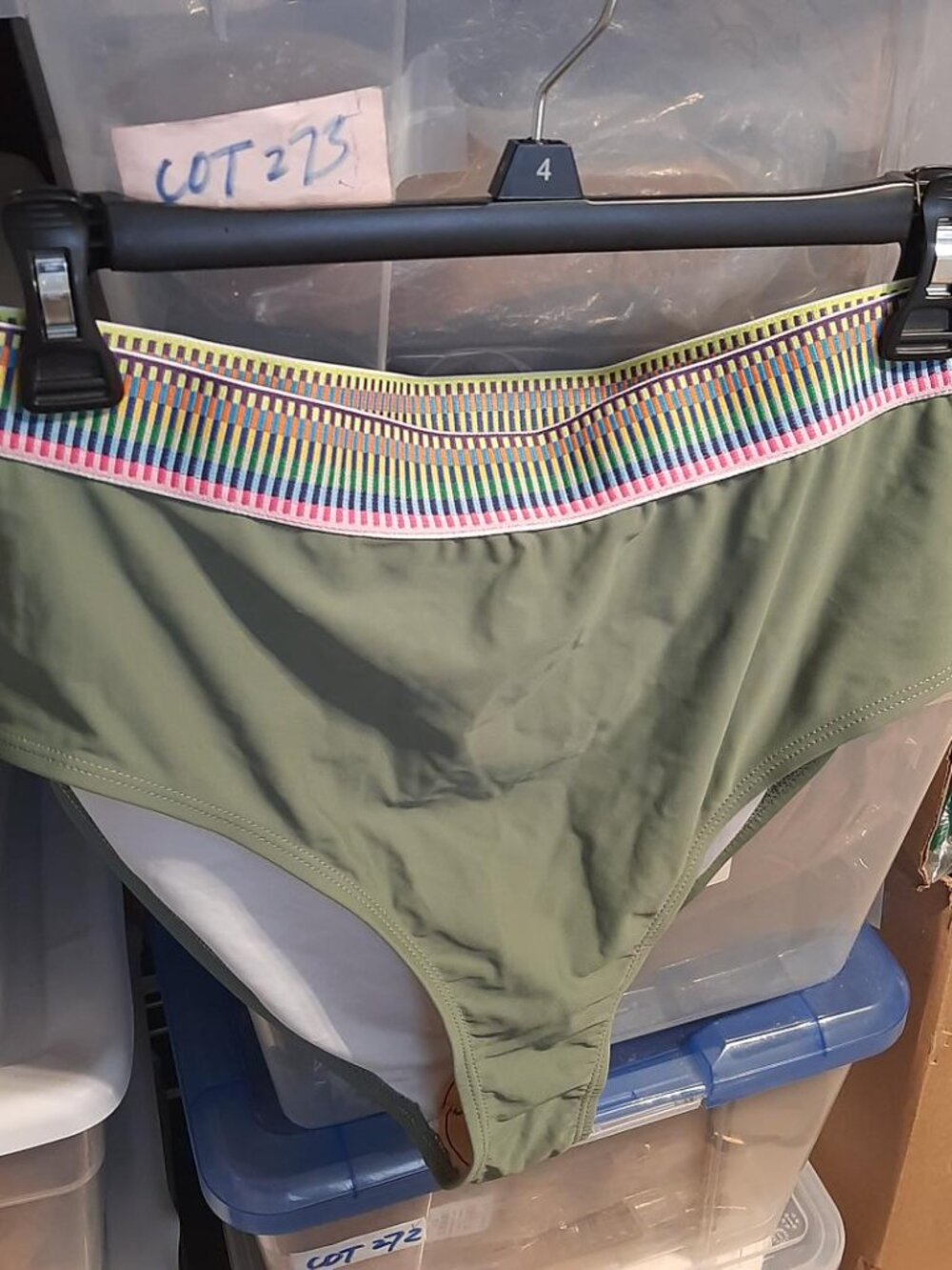 NEW ! Bikini One Pieces Bottom High Waist Multi Stripes Edge Green Sz L
